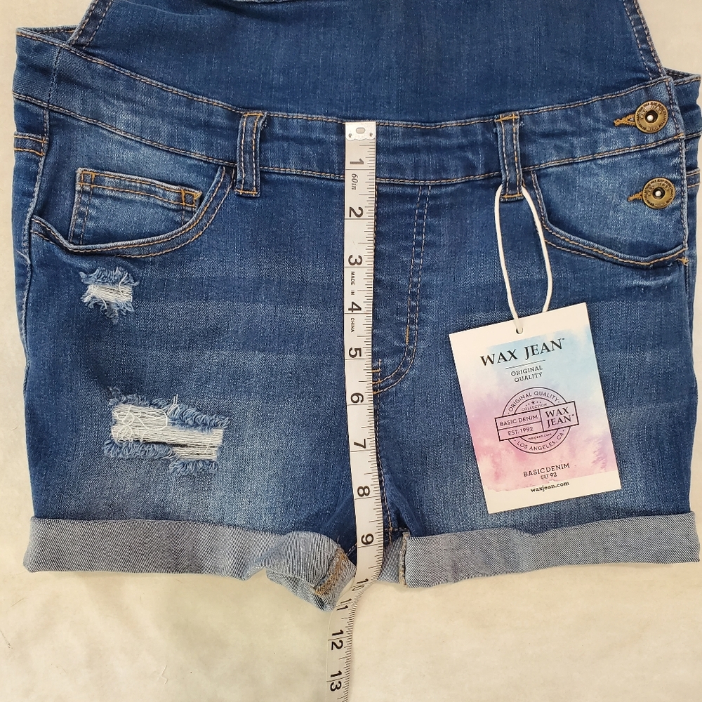 NWT Wax Jean Distressed Overall Cuffed Shorts Shortalls Size Small Blue Denim - Picture 11 of 13